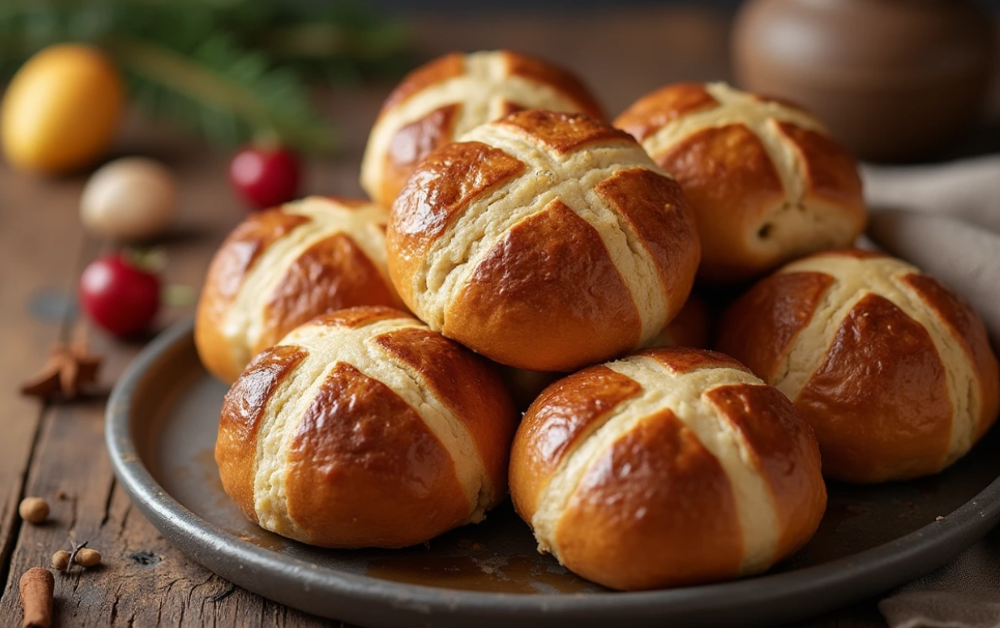 freshly baked sourdough hot cross buns