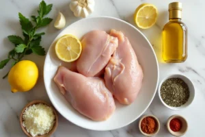 Argan Oil Chicken Marinade ingredients: Fresh chicken, argan oil, lemon, garlic, and spices