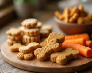 Assorted homemade dog treats including peanut butter biscuits, chicken chews, and carrot bites, arranged on a wooden surface with soft natural lighting