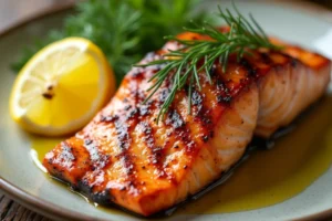 Grilled salmon fillet glazed with a golden marinade, garnished with lemon wedges and fresh dill, served on a rustic wooden table