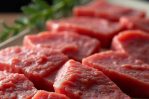 Various cuts of beef displayed on a butcher’s counter with a warning sign about food safety, emphasizing the importance of checking for beef recalls