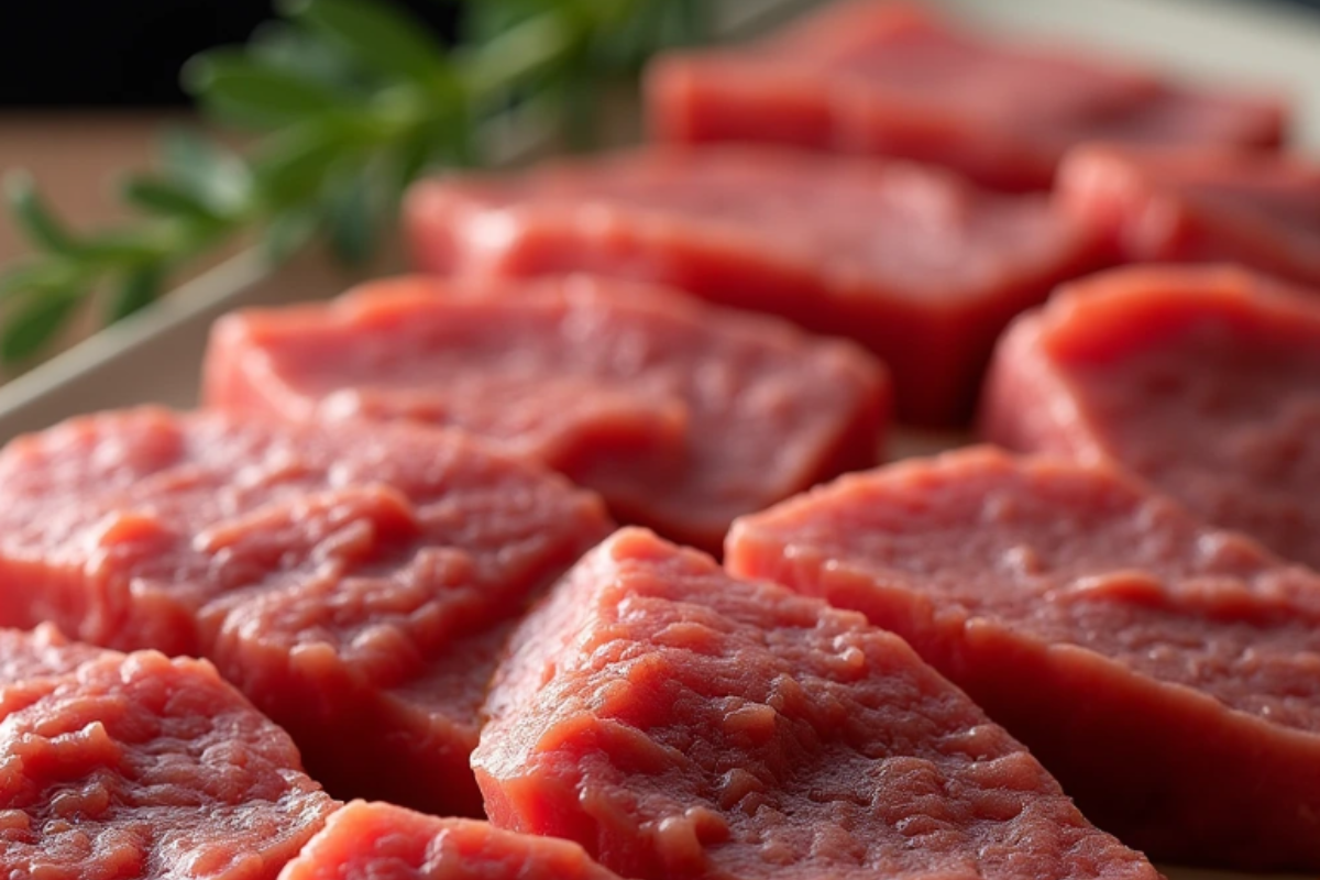 Various cuts of beef displayed on a butcher’s counter with a warning sign about food safety, emphasizing the importance of checking for beef recalls