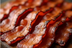 Close-up of crispy beef bacon strips on a wooden board with a smoky background, showcasing the rich and savory texture of beef bacon