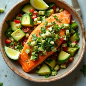 Bang Bang Salmon with Avocado Cucumber Salsa